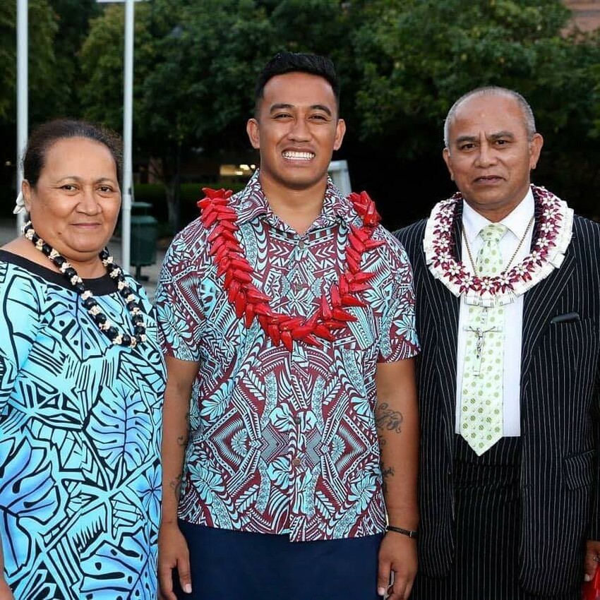 Sinaumea with his parents Faitauga Taufao (L) and Rev Risati Taufao (R)