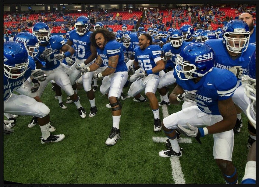 Manu and his older brother Lue leading the Georgia State Panthers with the haka