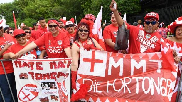 Tongan fans get ready to support their team in the semi final against England