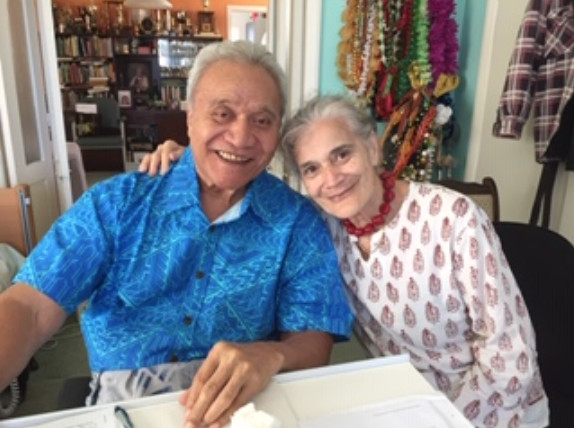 Peggy with her cuzzie bro Toalepai lui in 2021. They both started Miramar South school in 1951 and are still going strong!