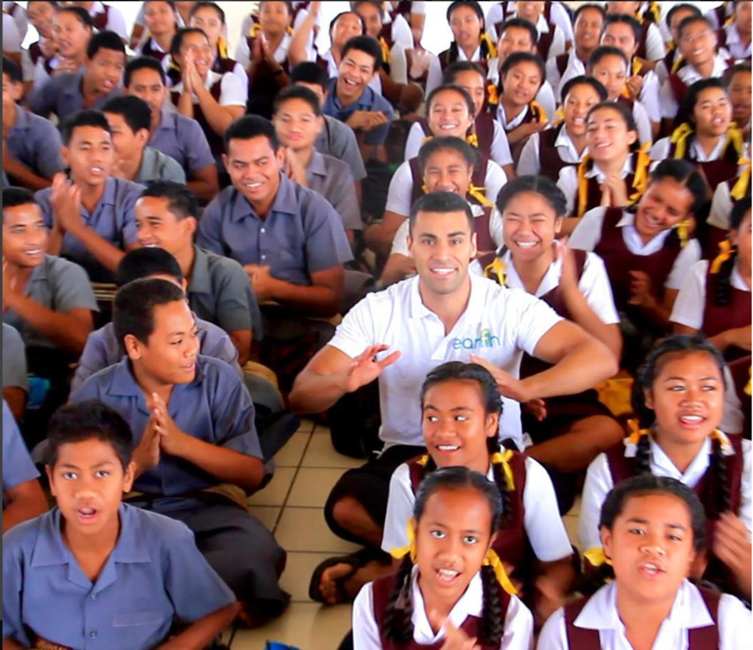 Pita speaking with kids at a High school in Ha'apai & Puhinui Primary school in Auckland