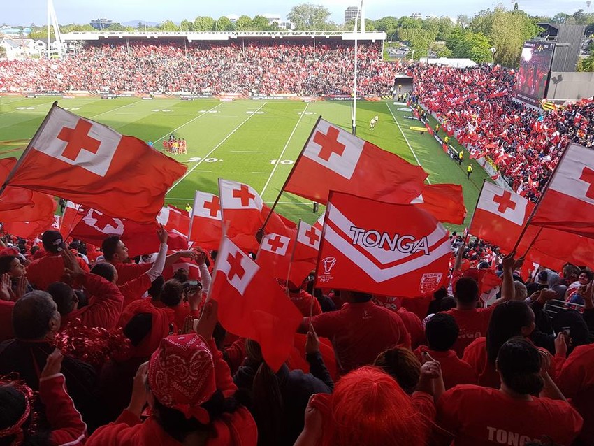 Tongan fans red-washed FMG Stadium in Waikato supporting their team.