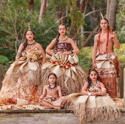 Mauga Family photo in handcrafted traditional wear made by David & Geraldine Mauga, for Matavai Pacific Cultural Arts, Sydney