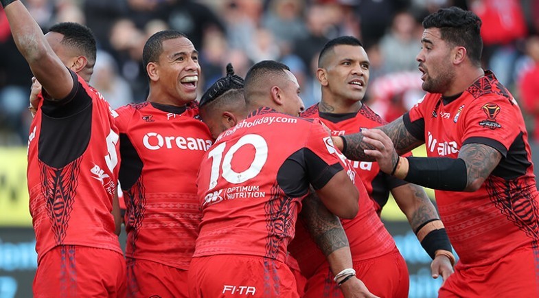 Tonga celebrates after beating the kiwis in Hamilton last week.