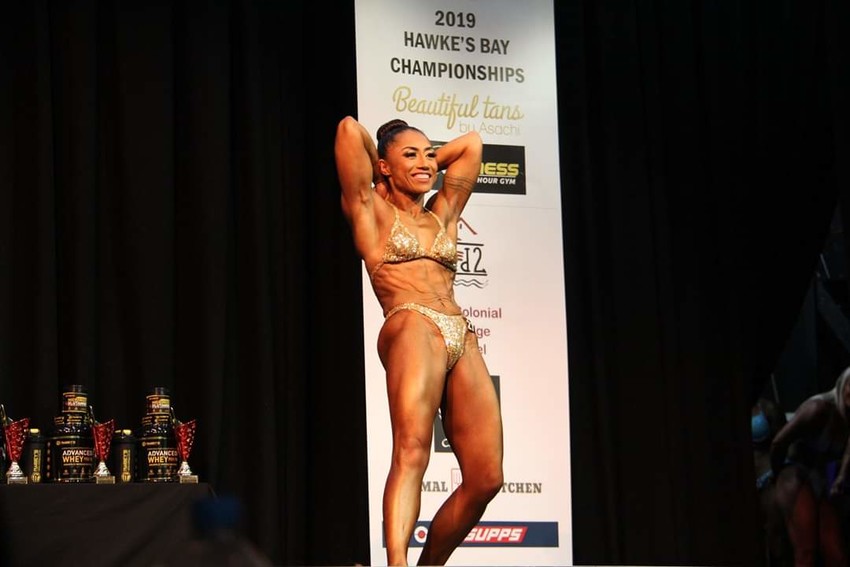Priscilla competing in the Hawkes Bay Body Building competition where she went on to win 'Ms Hawkes Bay Physique 2019'