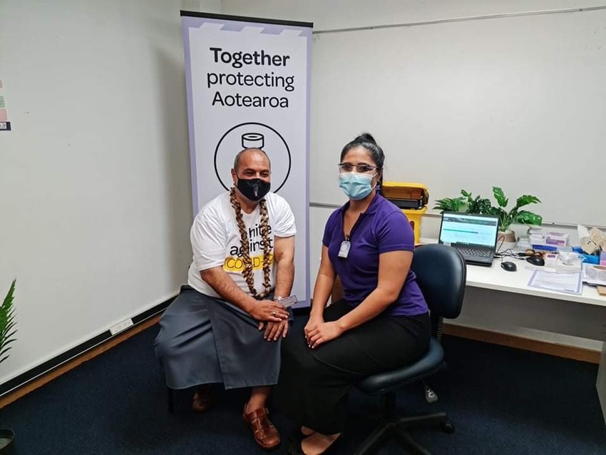 Minister for Pacific Peoples and Associate Minister of Health, Aupito Su'a William Sio receiving his 1st dose of the Covid-19 vaccine via public health nurse Fonoifafo McFarland-Seumanu in Otara
