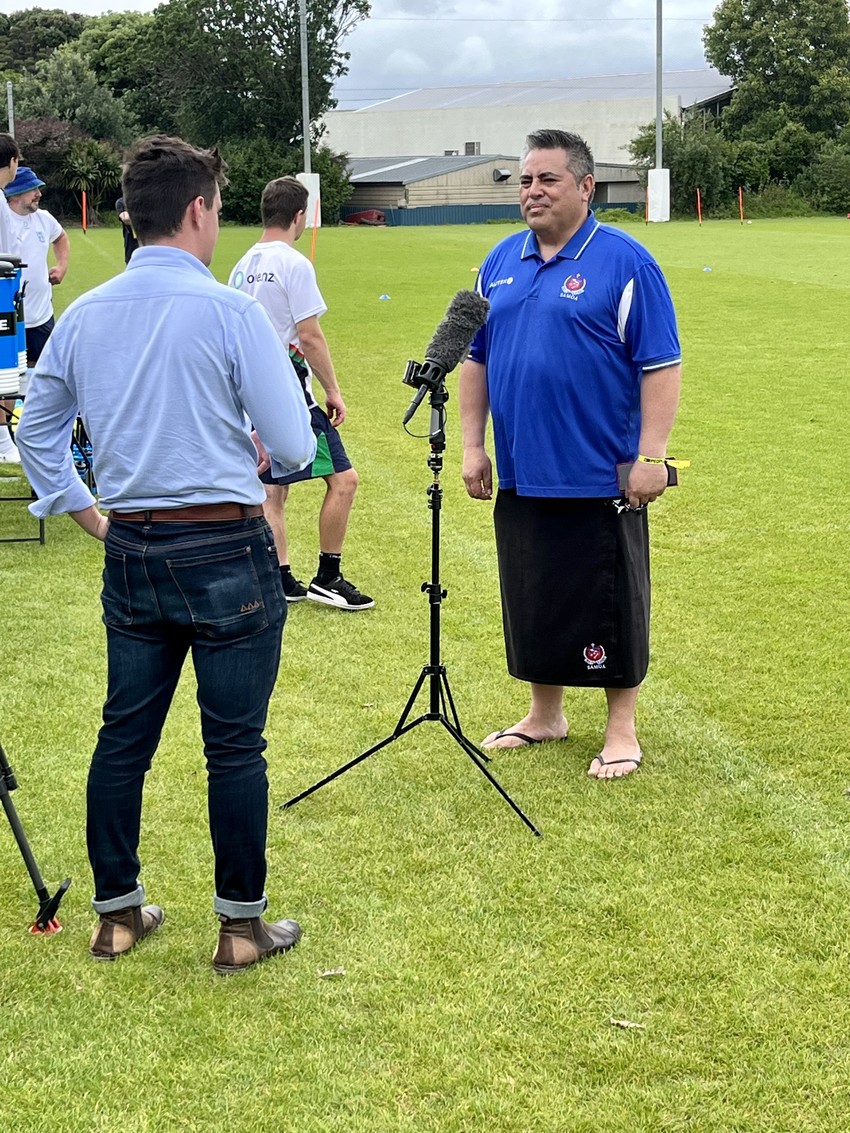 Paepaetele Geoff Muliaga Brown speaks to media at the Warriors training session