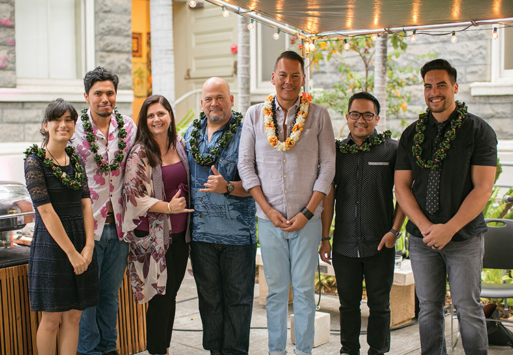 Native Hawaii Filmmakers Kari Noe, Kaliko Maii, Nani Rian Kenna Ross, Scott W. Kekama Amona, Sundance Institute’s Native & Indigenous program director Bird Runningwater, Bryson Chun and Hale Mawae. Photo: Courtesy Honolulu Museum of Art/Shuzo Uemoto