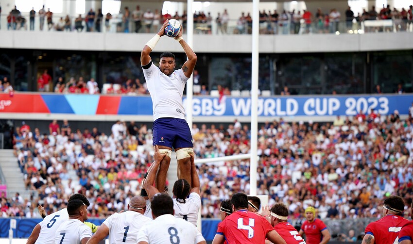 Samoa wins the line out during the Rugby World Cup France 2023 match between Samoa and Chile at Nouveau Stade de Bordeaux on September 16, 2023 in Bordeaux, France. (Photo by Adam Pretty - World Rugby/World Rugby via Getty Images)