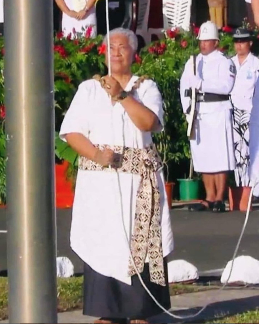 Prime Minister of Samoa, Fiame Naomi Mata’afa hoists the national flag at the Malae o Tiafau to mark the start of Samoa's 60th Independence Anniversary celebrations. Photo Credit: Teleiai Edwin Puni
