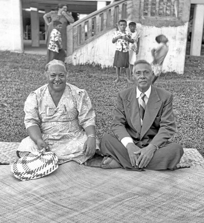 I'iga Pisa and Masiofo Fa'autu, outside the family home in Apia (directly across from Apia Park), 1957.