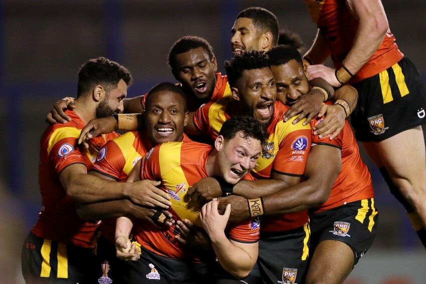The PNG Kumuls celebrate a try at the 2023 Rugby League World Cup