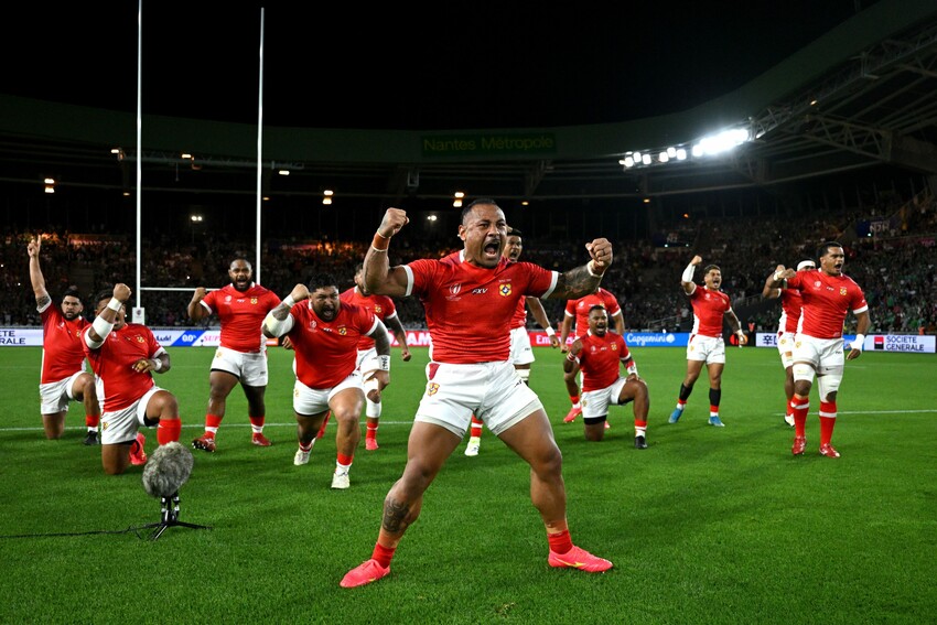 Sonatane Takulua of Tonga leads the performance of the Sipi Tau prior to the Rugby World Cup France 2023 match between Ireland and Tonga at Stade de la Beaujoire on September 16, 2023 in Nantes, France. (Photo by World Rugby/World Rugby via Getty Ima
