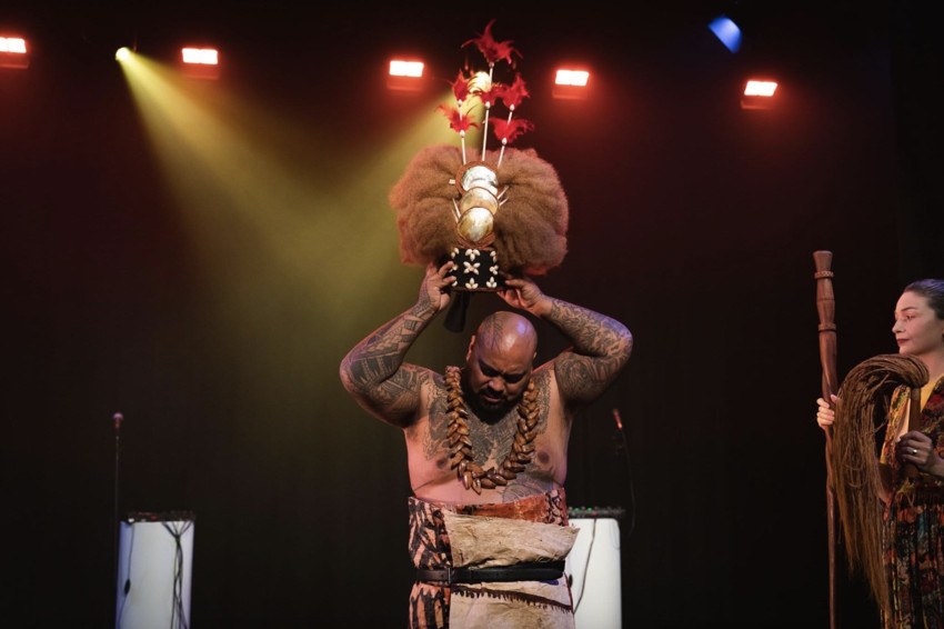 Taitu'uga on stage of the play he co-wrote, his first foray into theatre. Photo: Supplied