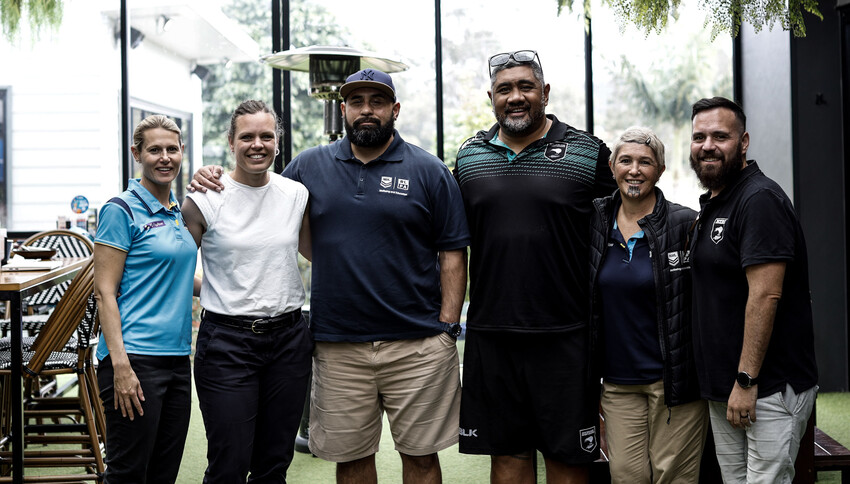 Ali, Carmen and Cliff with David Solomona and ladies from Queensland Rugby League. Photo supplied