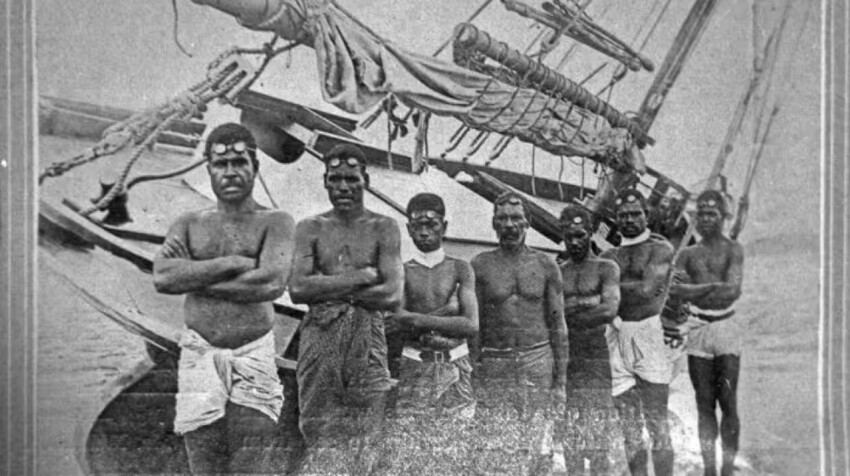 A group of Torres Strait Islander divers in front of their cutter-rigged lugger, c. 1921. Before their strike action, they were subjected to racist restrictions. Courtesy WA Maritime Museum