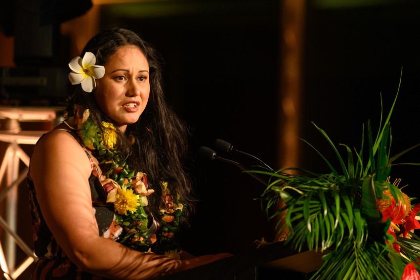 Dahlia accepts her award at the CNZ Pasifika Arts awards night - Photo Credit: Mark Tantrum