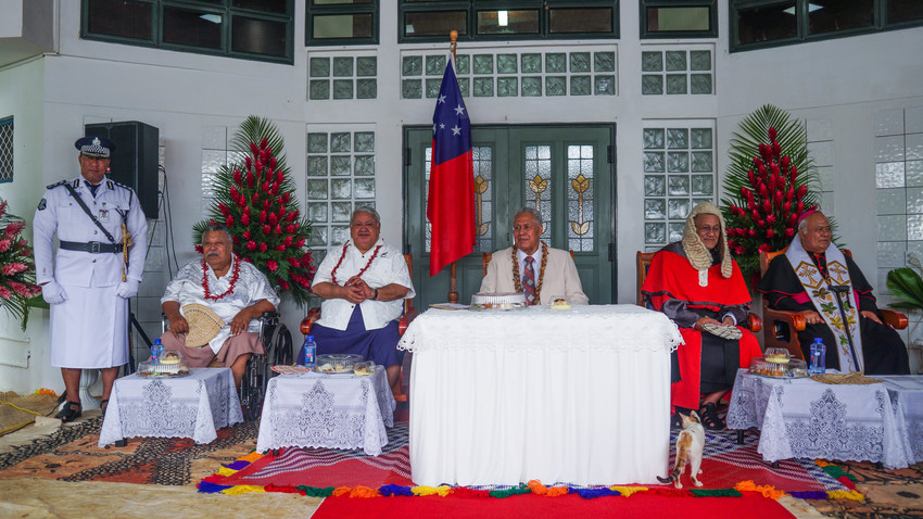 The Speaker of the House, the Prime Minister, the Head of State, Satiu Simativa Perese Chief Justice of Sāmoa, and Archbishop Alapati Mataeliga. Photo Credit: NZ Law Society