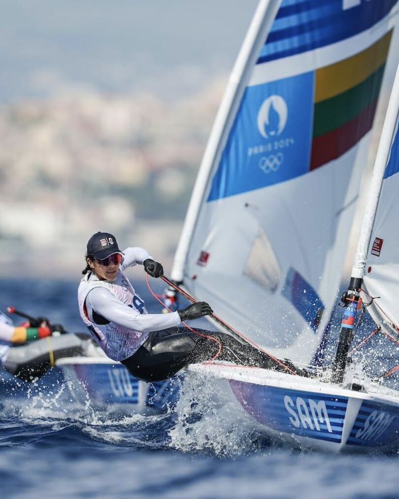 Vaimo’oi’a Ripley competing at the Olympics 2024, approaching the windward mark.