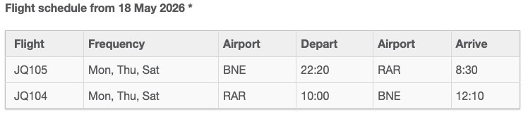 Brisbane-Rarotonga Flight Schedule