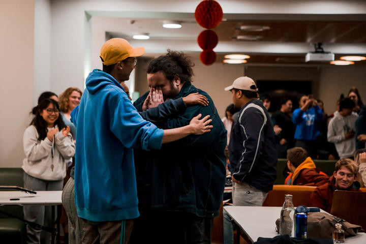 Alby gets emotional at his surprise farewell at Otago University Photo: Saraid de Silva and Julie Zhu