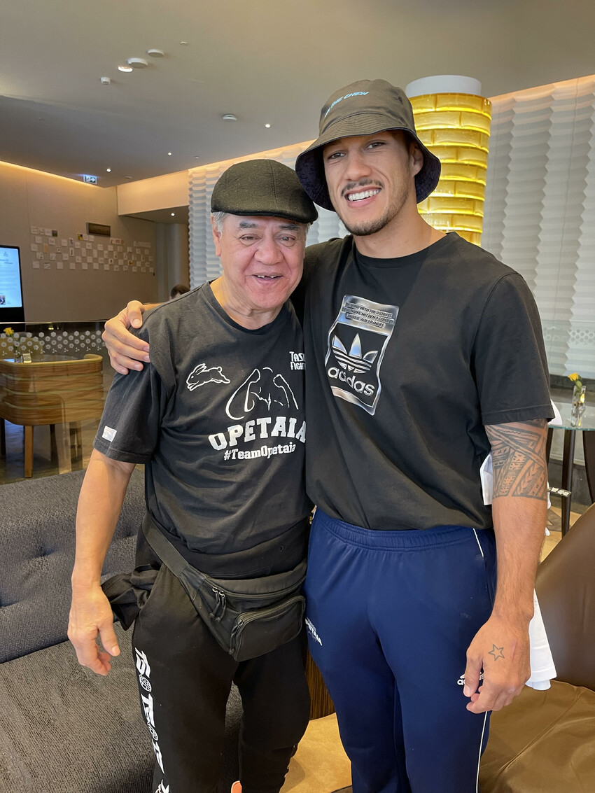 Jai Opetaia with his uncle Tuaoimaali’i Tawake Mosese before his fight. Photo Credit: Louisa Tipene Opetaia