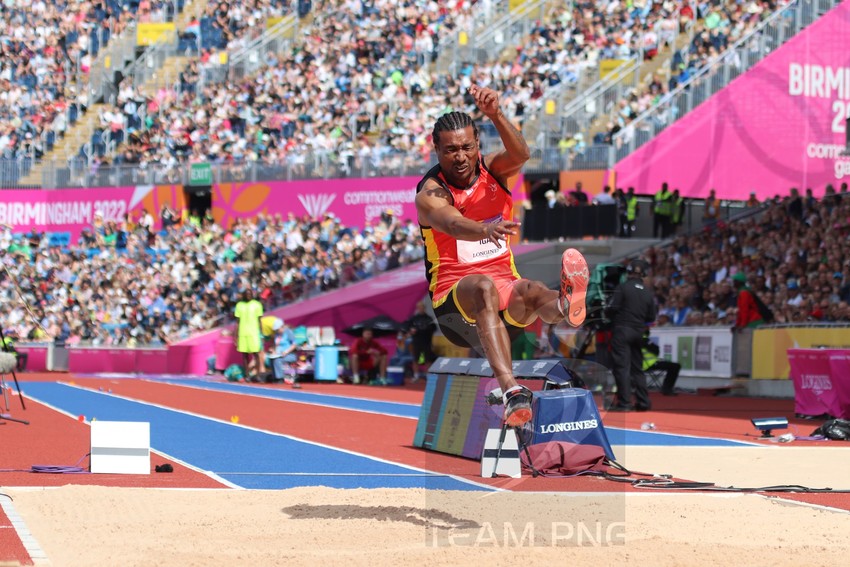 Karo Iga jumps long jump in the Mens Decathlon at the Commonwealth Games