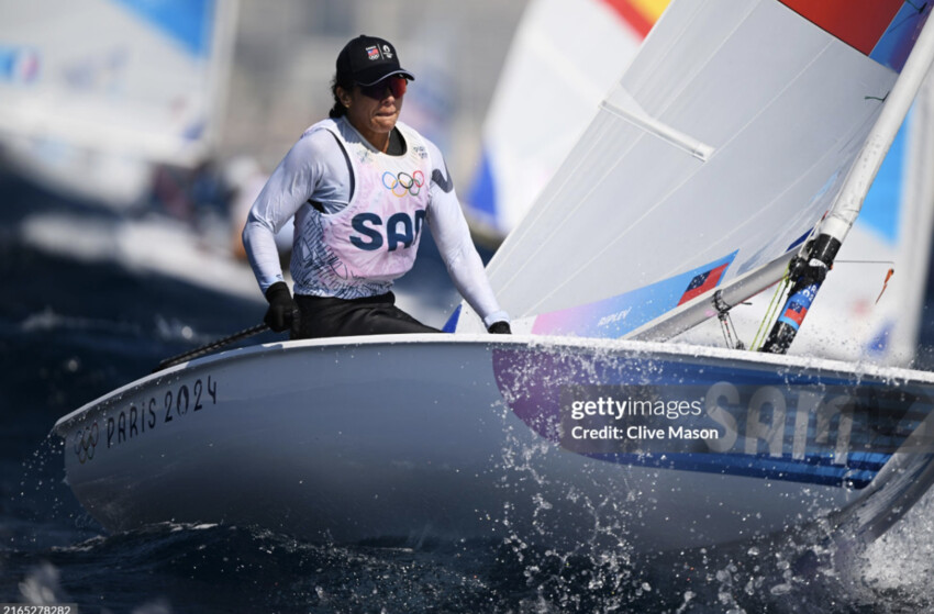 Vaimo’oi’a Ripley competing at the Olympics 2024, in mid-tack on an upwind leg of the race.