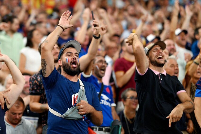 Fans of France appear animated during the Rugby World Cup France 2023 Pool A match between France and New Zealand at Stade de France on September 08, 2023 in Paris, France. (Photo by David Ramos - World Rugby/World Rugby via Getty Images)