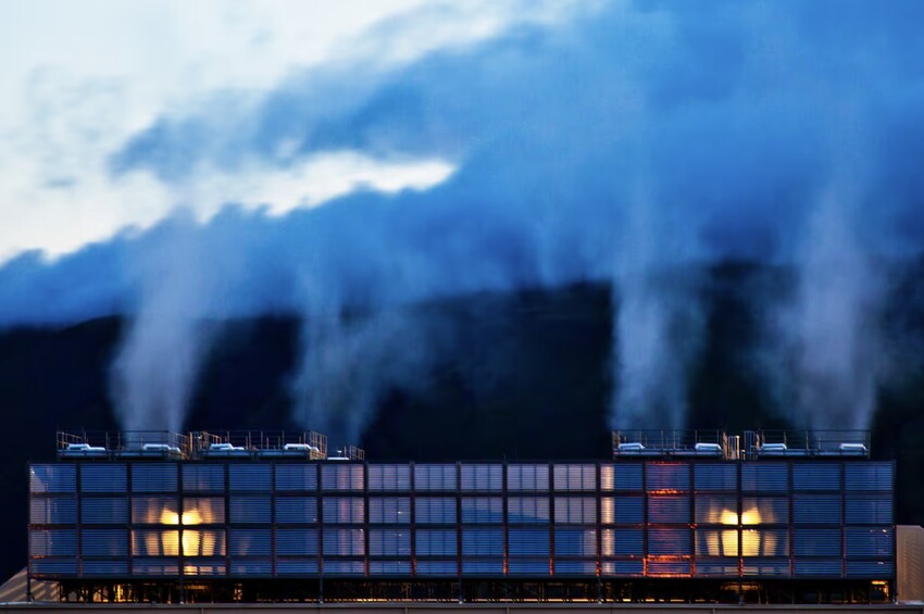 Columns of steam emerge from Google’s hyper data center in The Dalles, Oregon.