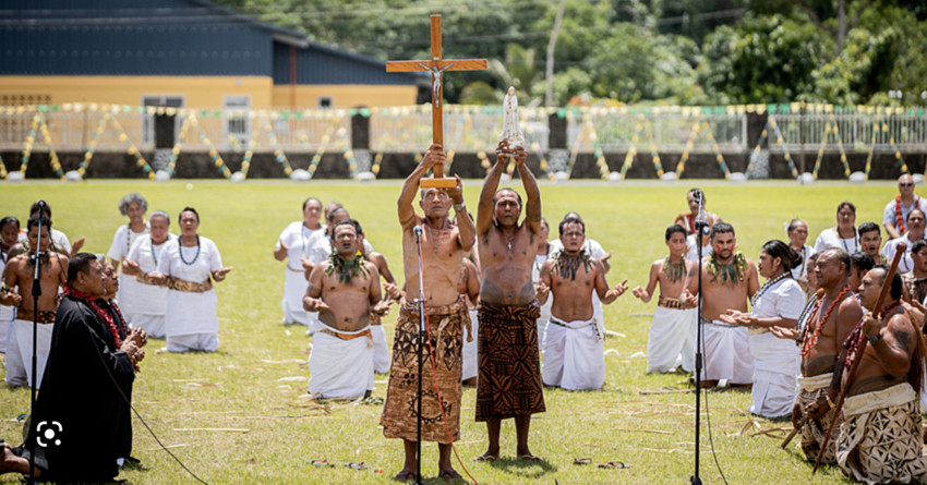 The re-enactment of the acceptance of Catholicism at Samalaeulu in Savai'i in the year 1845, performed by the Lealatele parish on Tuesday. Photo Credit: Samoa Observer