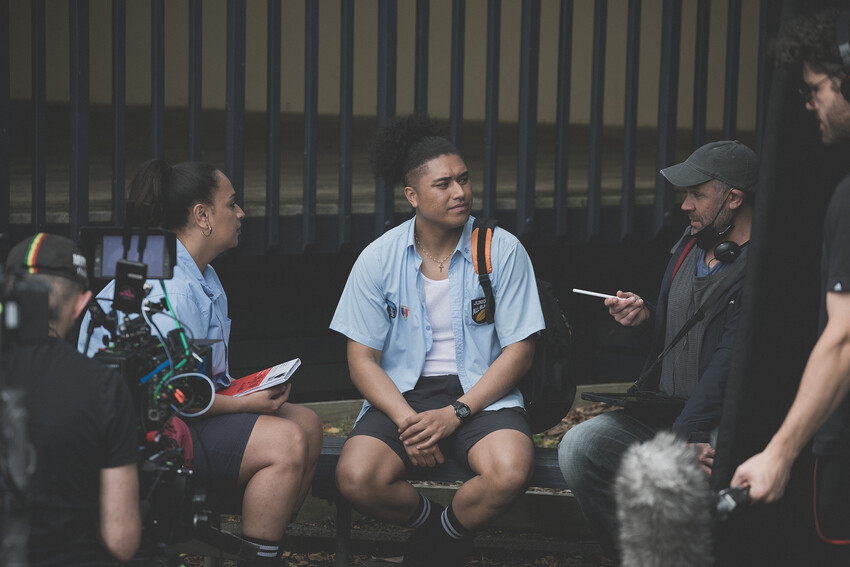 JP and co star Amanaki Prescott-Faletau discussing a scene with director Damon Fepulea'i