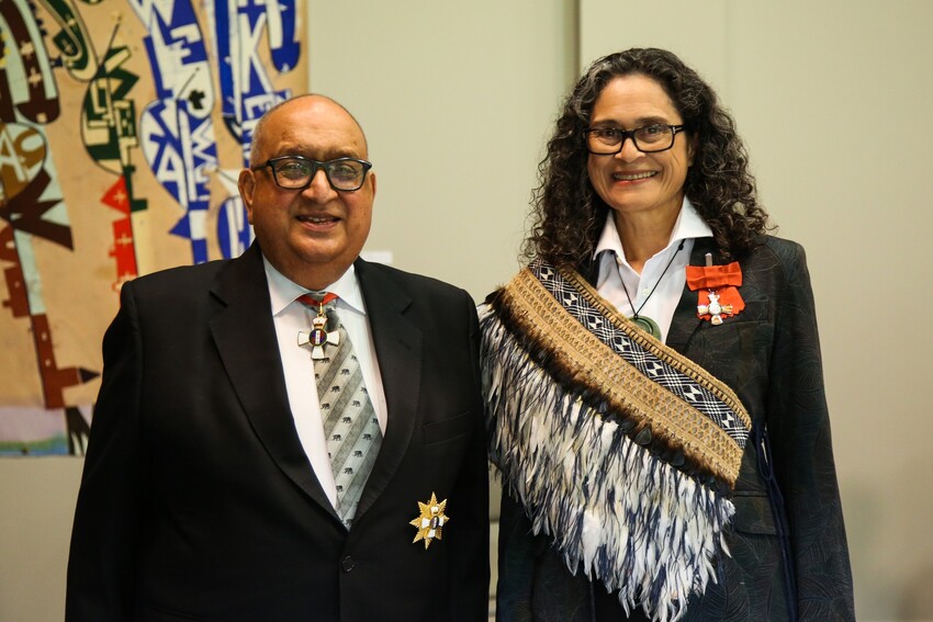 At Cole's investiture for Member of the New Zealand Order of Merit (MNZM) for services to literature with former Governor General Sir Anand Satyanand