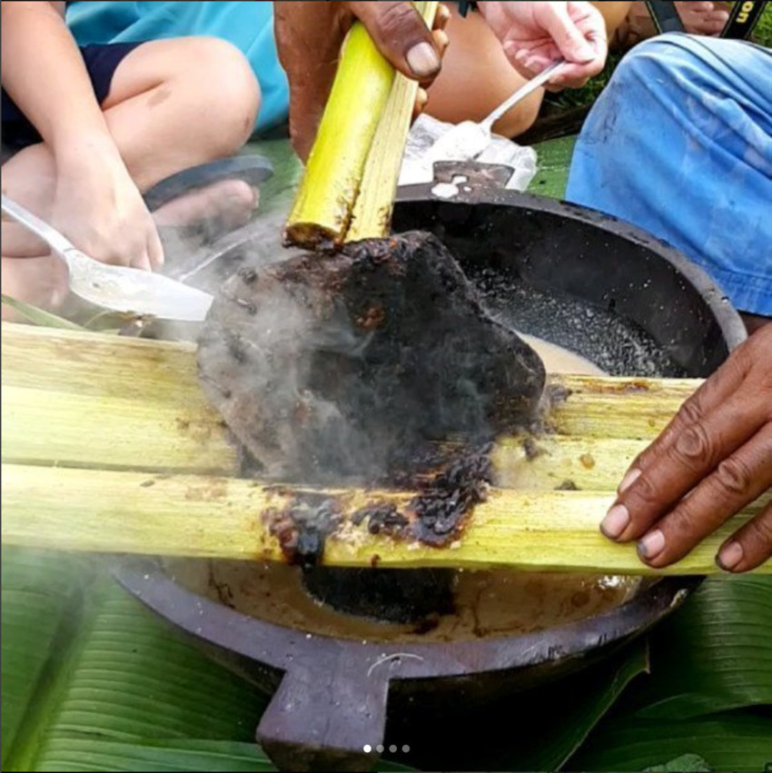 The te'epe'e roasted over a hot stone into the burnt sugar that goes into making Fa'ausi