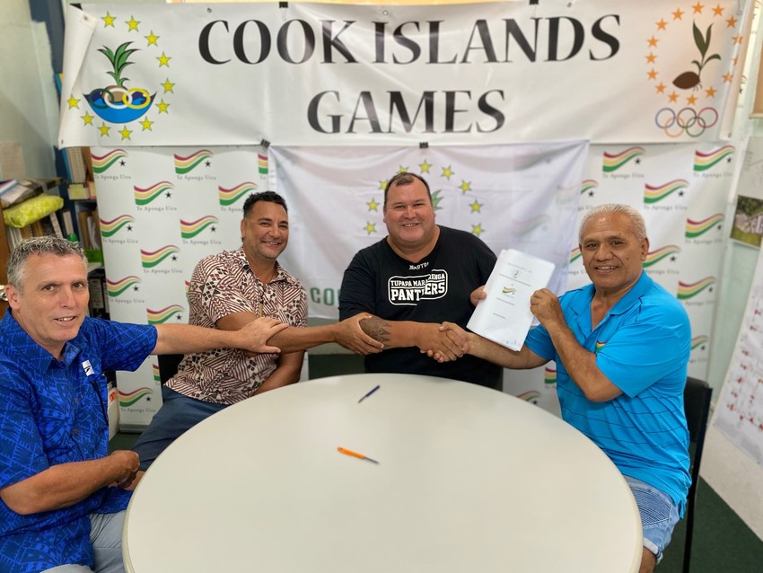 Cook Islands Games 2020 organisers (CISNOC) L-R Owen Lewis - CEO of CISNOC, Romani Katoa - Vice President of CISNOC, Hugh Graham - President of CISNOC and Apii Timoti - CEO of TAU. PC Te Aponga Uira
