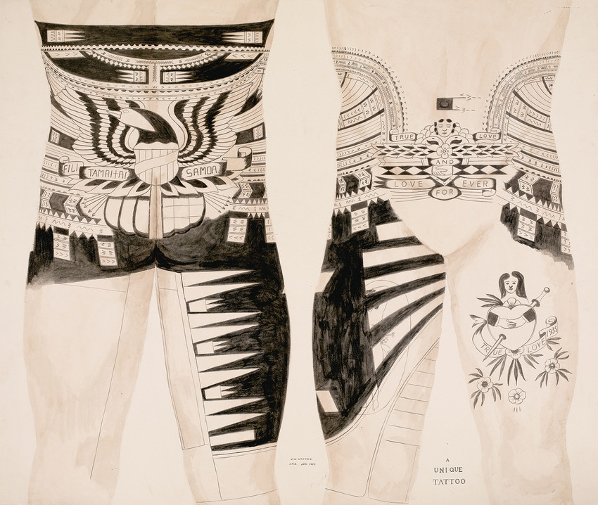 Fig. 44 ‘There is a strong tendency nowadays to display the American Eagle in a tattoo design actually as the whole or part of the punialo.’ Jack W. Groves, A Unique Tattoo, Apia, Sāmoa, 1952. © The Trustees of The British Museum;
