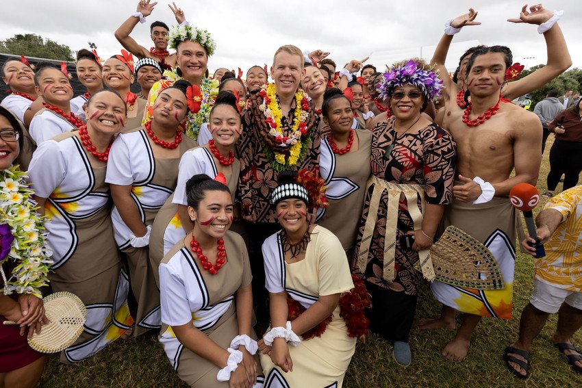 Students from Marcellin College with Prime Minister Chris Hipkins, Deputy Prime Minister Carmel Sepuloni and Labour Politician Anahila Kanongata’a-Suisuiki. Photograph by Ben Campbell.