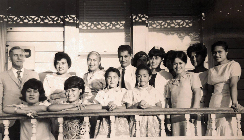 This photo from the Enari family archive is taken in front of their old house in Williamson Ave, Grey Lynn. Their grand aunt Mrs Epi Phethean with PIPC choristers.