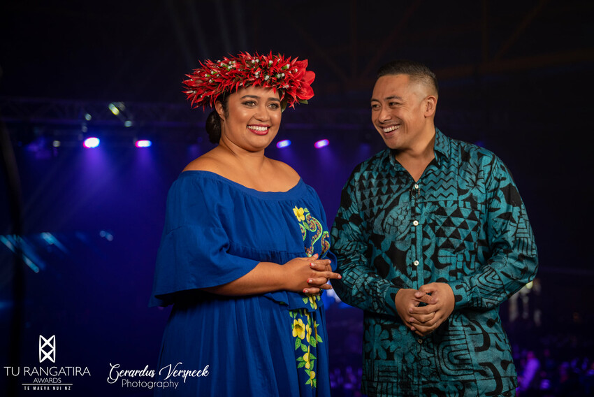 Johnson with fellow Cook Islander Star Kata for the Tagata Pasifika 2021 Te Maeva Nui special