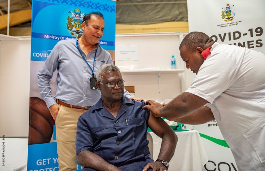 Solomon Islands Prime Minister Manasseh Sogavare receiving the AstraZeneca vaccine (UNICEF Pacific/Facebook)