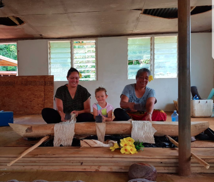 Myself, Aroha my daughter and Sulieti creating hiapo in Falevai, Vava’u