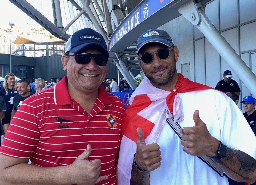 Tevita and Fez flew in from Tonga to support their national team from the grandstands