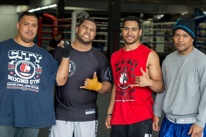 Fau in red top with from L-R Eti Naseri, Fau's brother Willie Vake and Heavyweight boxer Hemi Ahio
