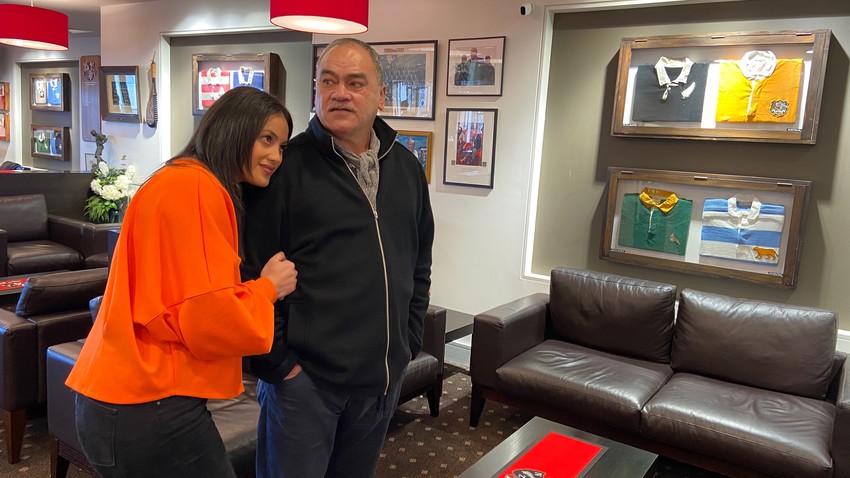 Ashley with her Dad, All Blacks legend 'Smokin Joe' Stanley in the Barbarians lounge