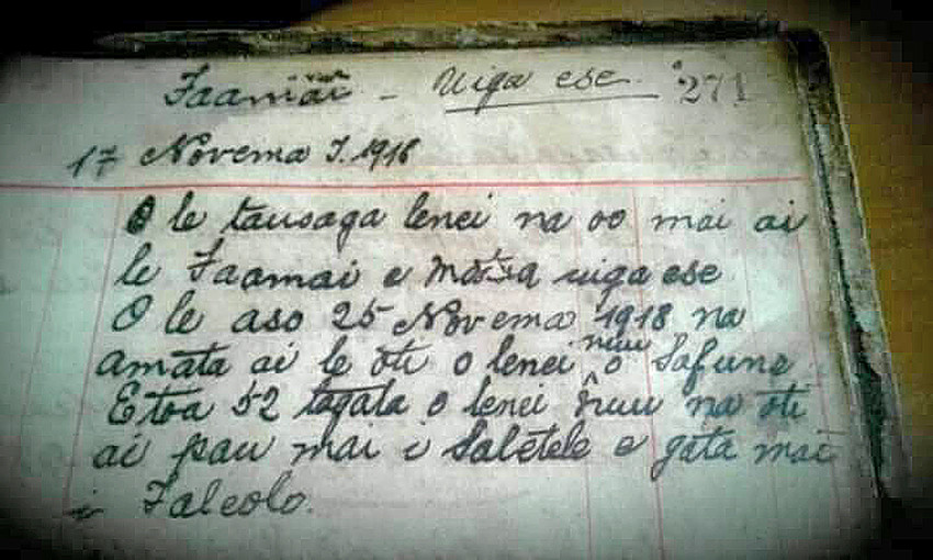 The diary entry of Mamea Taulaga in 1918 which describes 52 deaths across a part of the Safune coastline. (Tigaina Mamea Aurelio-Laupepa Collection).