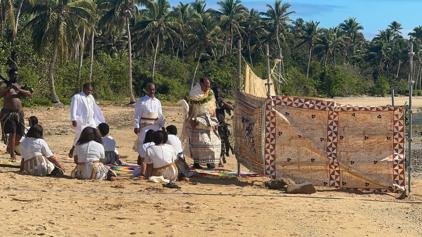 The Tui Nayau performs the sacred ancient ritual of Sili Vakaturaga, a traditional ceremonial bath at the oceanfront in Narocivo village in Nayau. | PC Fiji One News