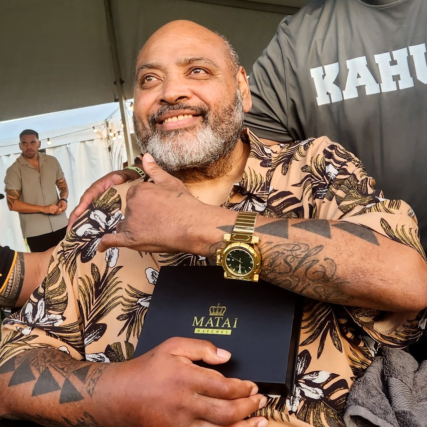 Legendary Fijian singer George 'Fiji' Veikoso wearing a Matai Watches watch