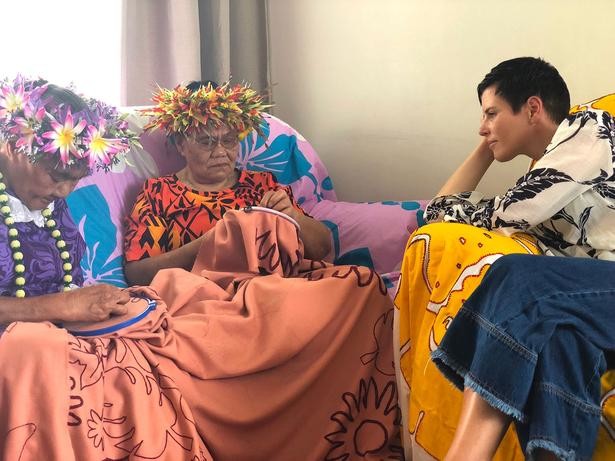 From left, Ana Akatu Taea, Vaine Teiri and Karen Walker took reference from traditional Cook Island tivaivai. Photo credit: Viva.co.nz