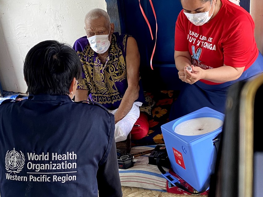 WHO and partners are supporting Pacific island countries and areas to reach the hardest to reach populations with COVID-19 vaccines, such as in the remote Ha’apai islands of Tonga, which were later heavily affected by a volcanic eruption and tsunami.