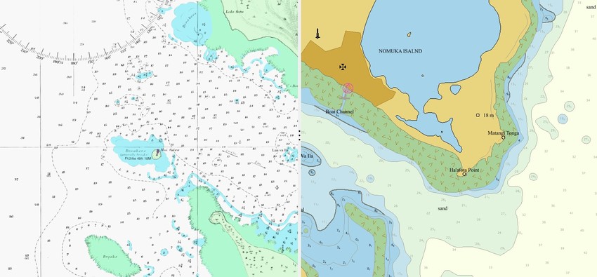 A composite chart of Nomuka Island’s south-west coast showing the original late-1800s chart marked with fathoms (left) and the 2020 electronic nautical chart released in 2020. Nomuka is a small island in the southern part of Ha’apai group of islands